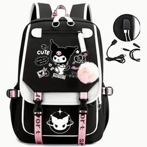 Kuromi Graphic Tech Backpack with Pom Puff | 2 Styles | Perfect for Everyday